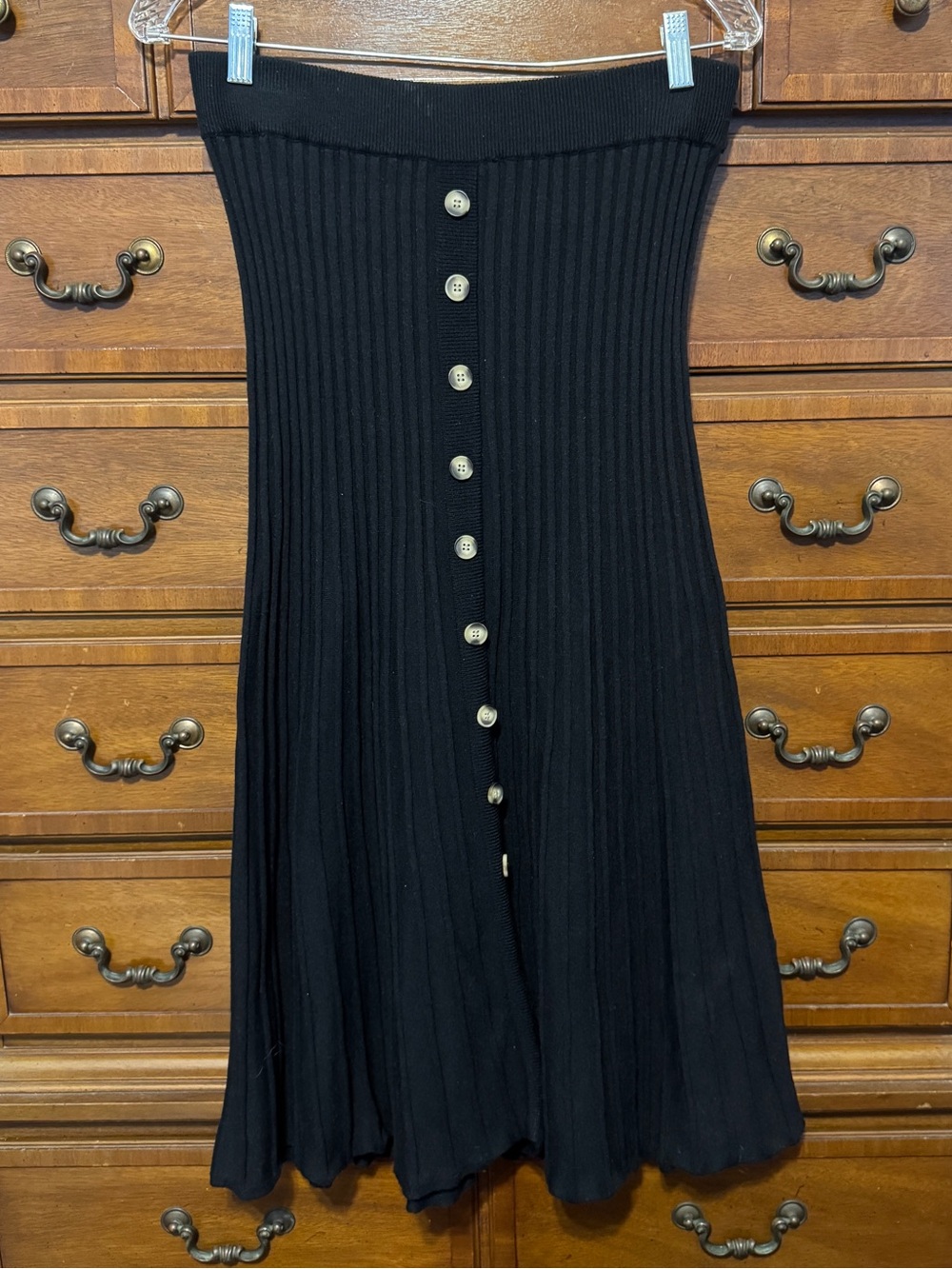 Black Ribbed Knit Midi Skirt Button Front Fit Flare Stretch Minimalist Size L